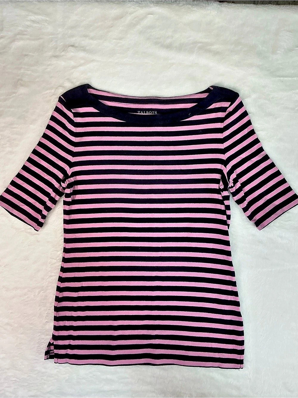 Talbots Stretch Weekend Tee Striped Short Sleeve Top Pink & Black Small
